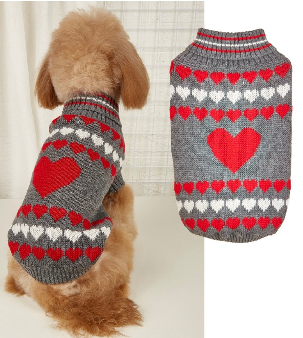Grey Red & White Heart Dog Sweater