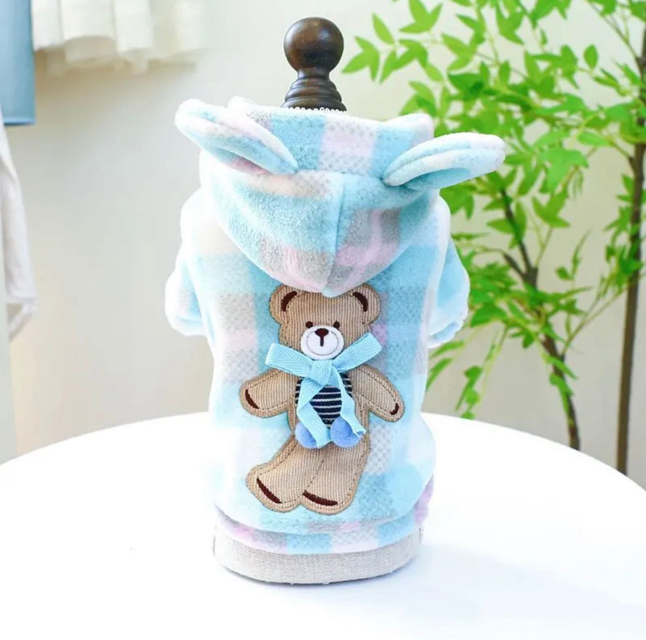 Blue & White Checked Teddy Bear Dog Hoodie