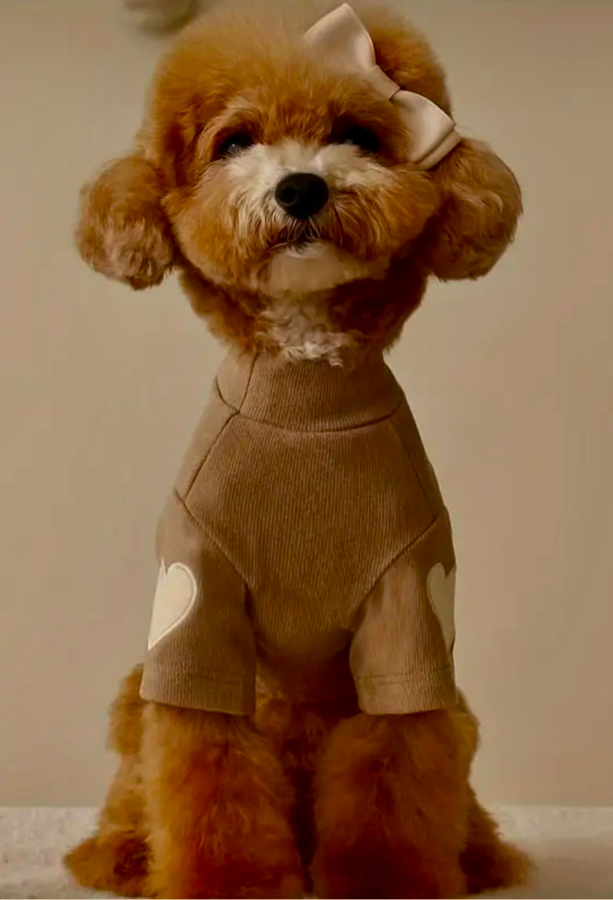 Heart Embroidered Taupe Pull Over Dog & Cat Sweater