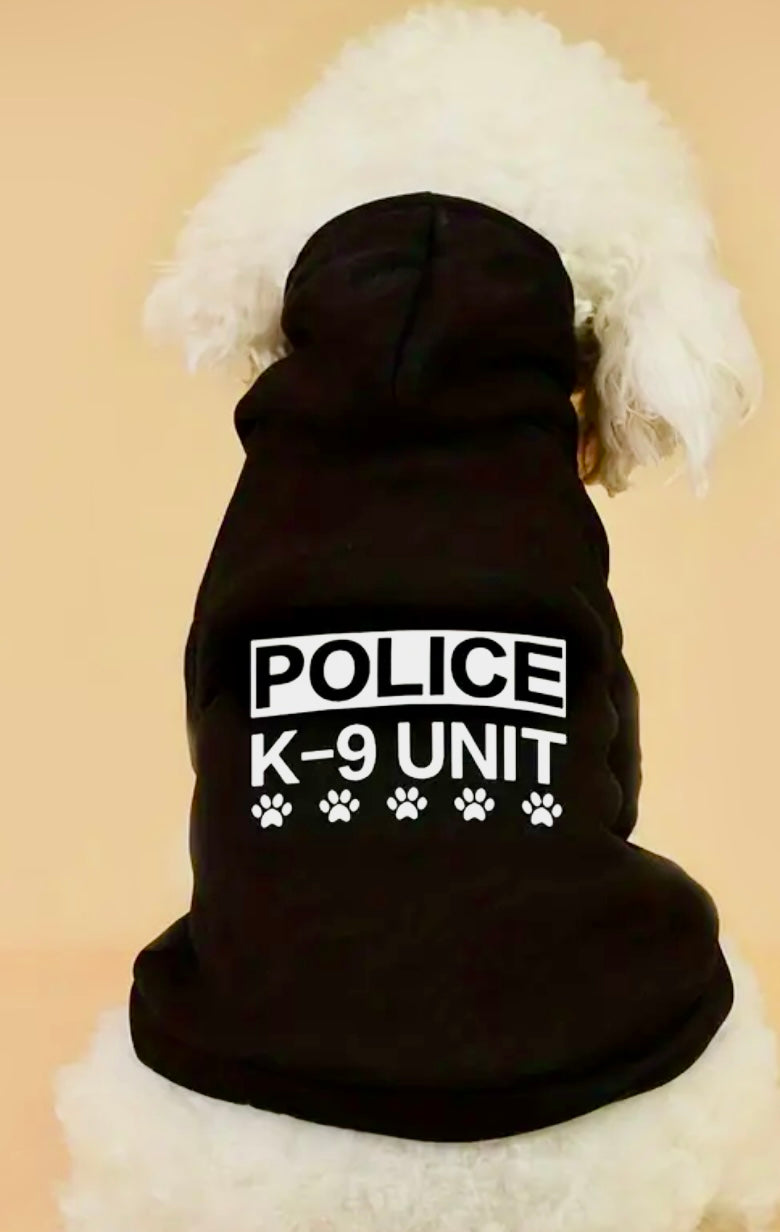All Season Dog & Cat Hoodie with Police K-9 Unit Print in Black