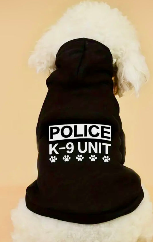 All Season Dog & Cat Hoodie with Police K-9 Unit Print in Black